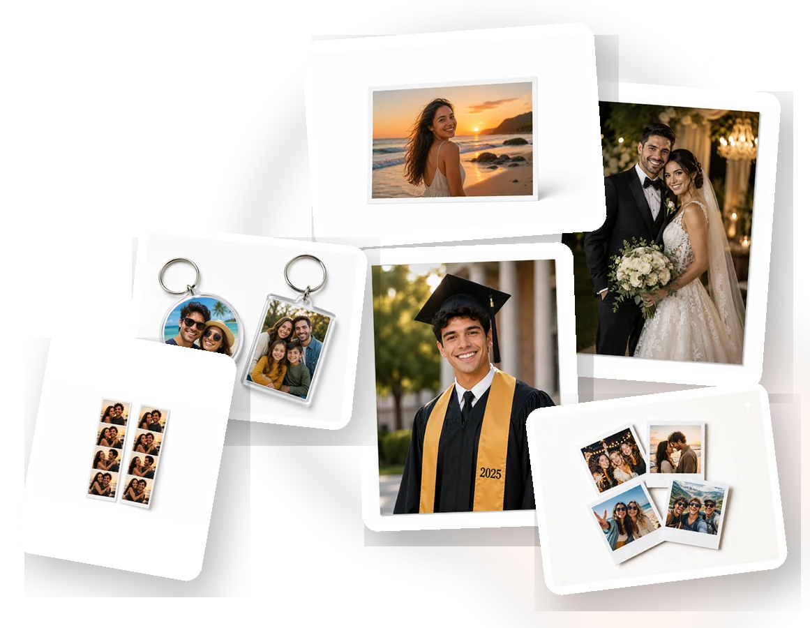 Tiras fotográficas, llaveros, ampliaciones, postales y mini Polaroids